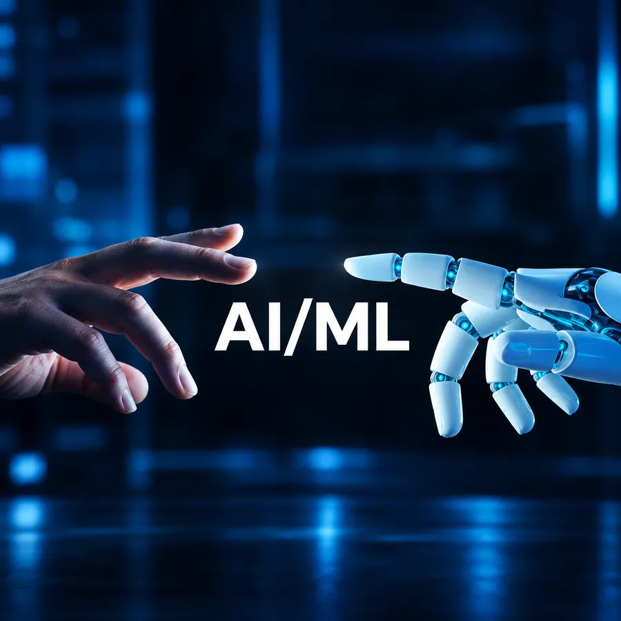 Human and robot hands representing an AI connection
