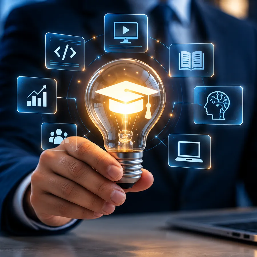AI education concept with a glowing lightbulb interface
