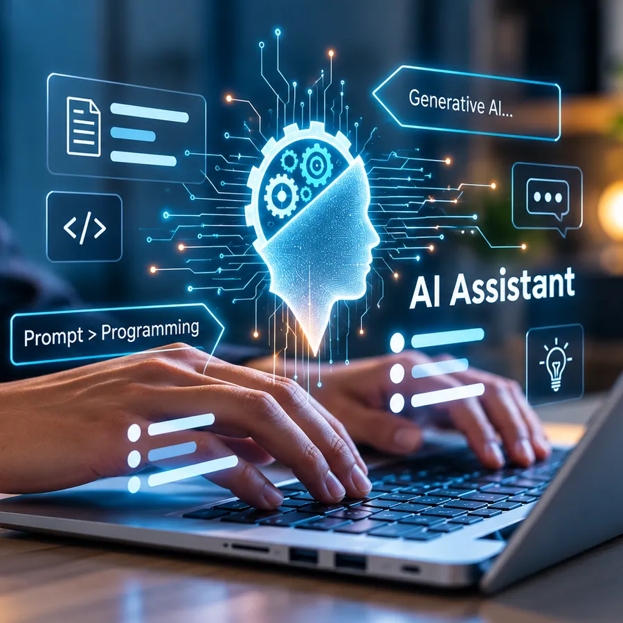 Futuristic AI assistant workspace