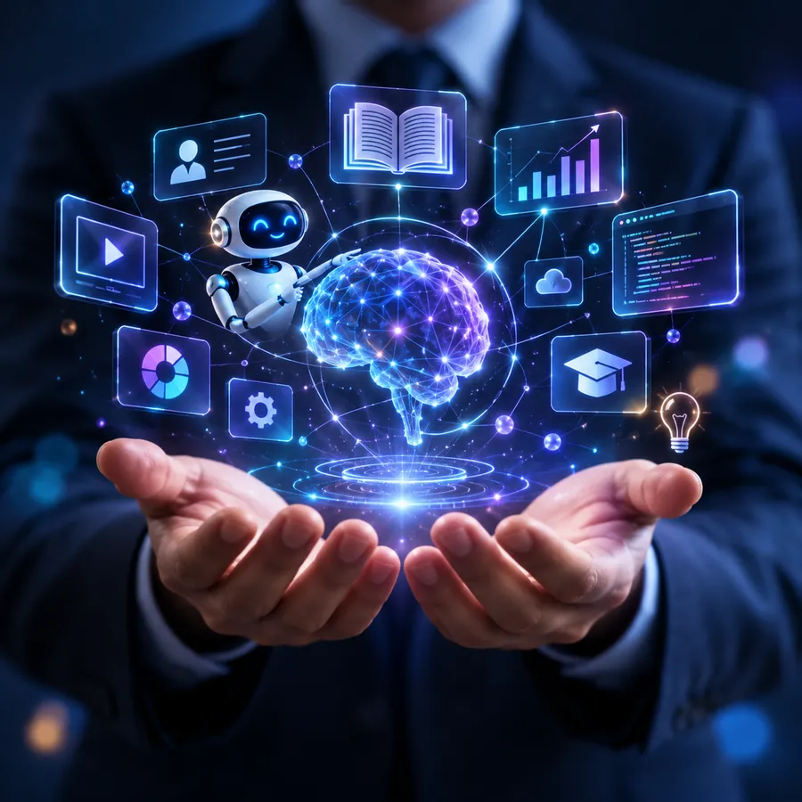 Holographic AI brain held in open hands