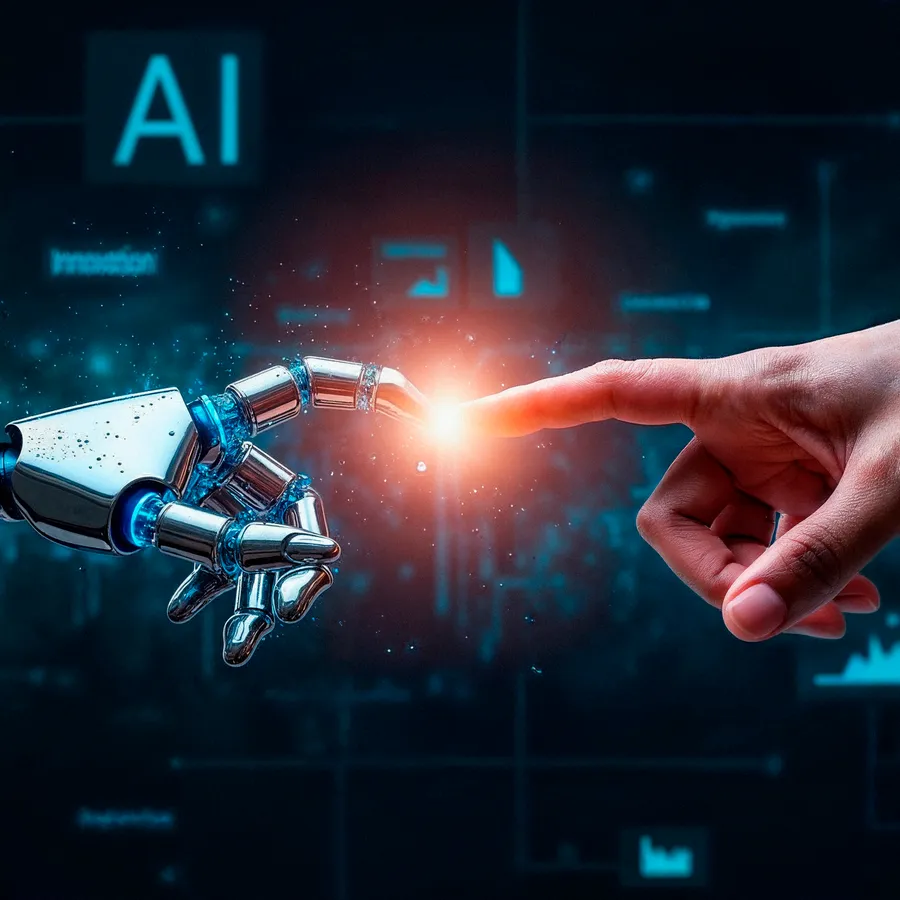 Human and AI reaching toward one another