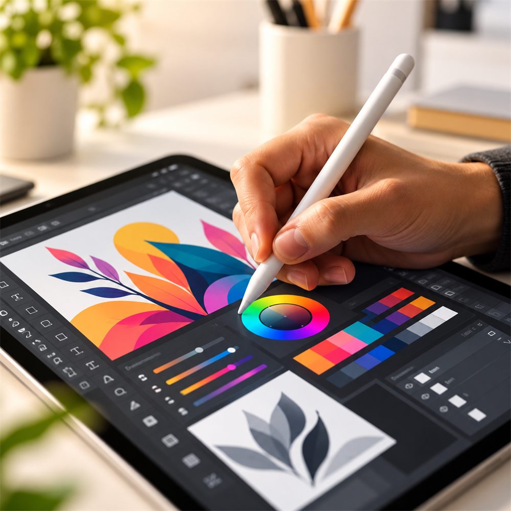 Digital artist creating colorful artwork on a tablet