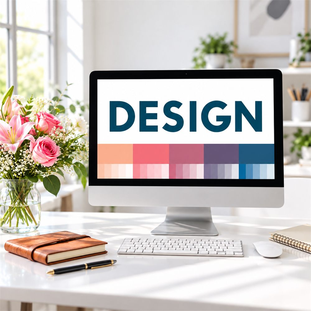 Desktop design workspace with a color palette on screen