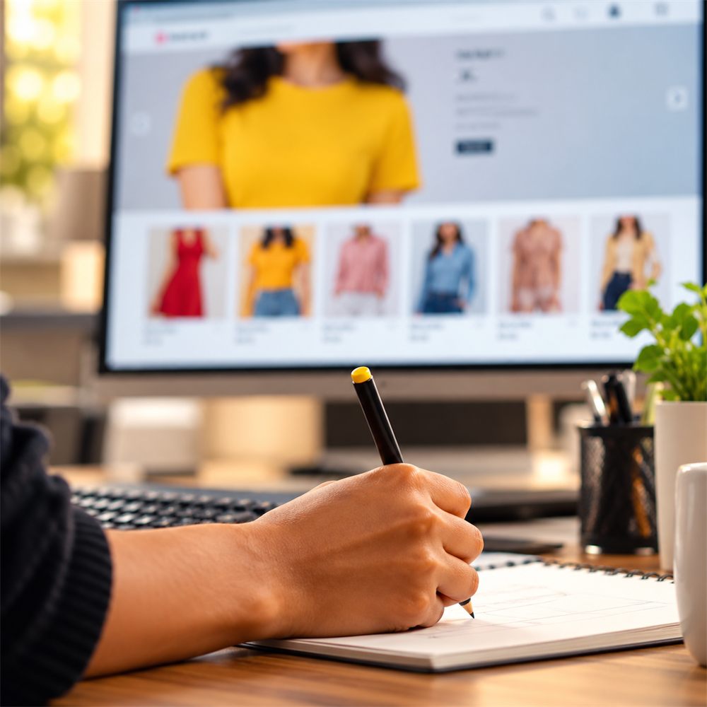 Designer sketching beside a fashion collection displayed on a screen