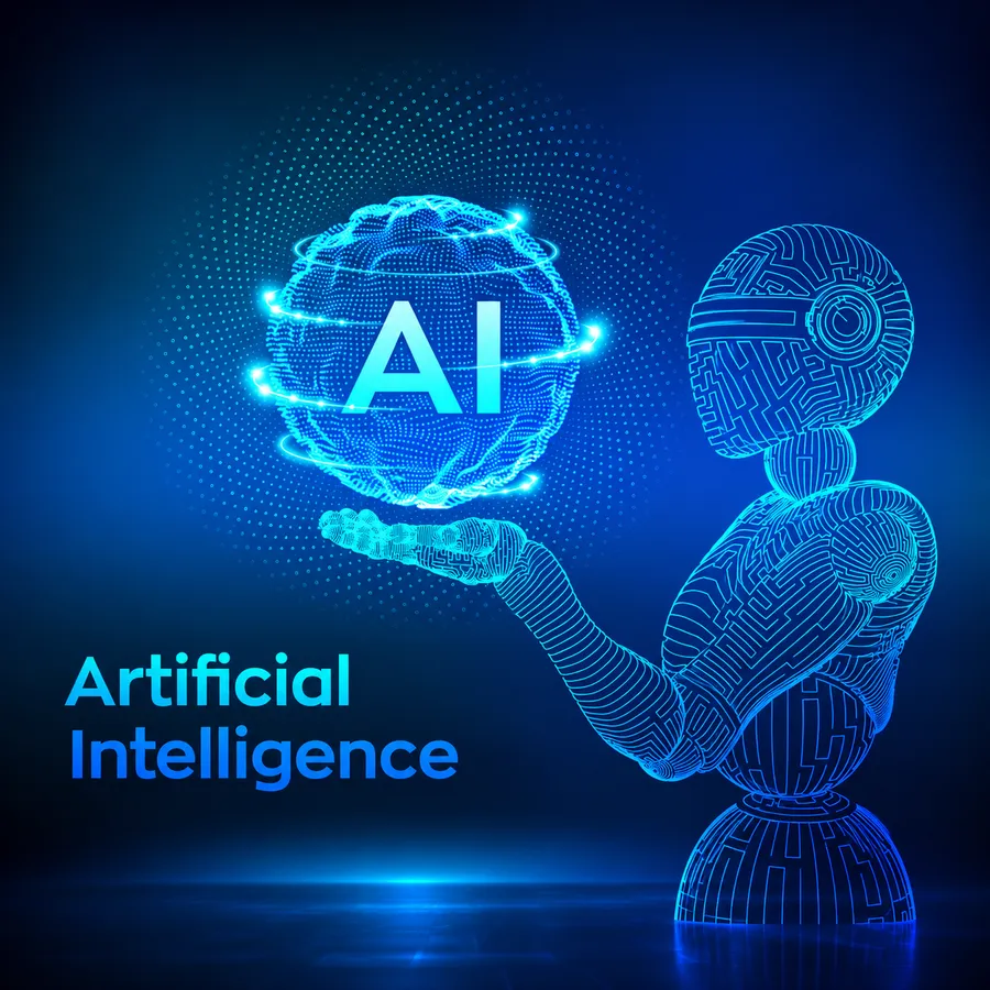 AI robot with a holographic globe