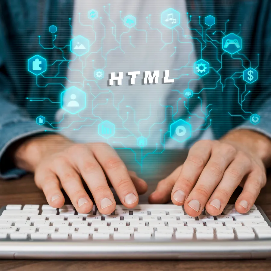 Developer working on HTML at a computer