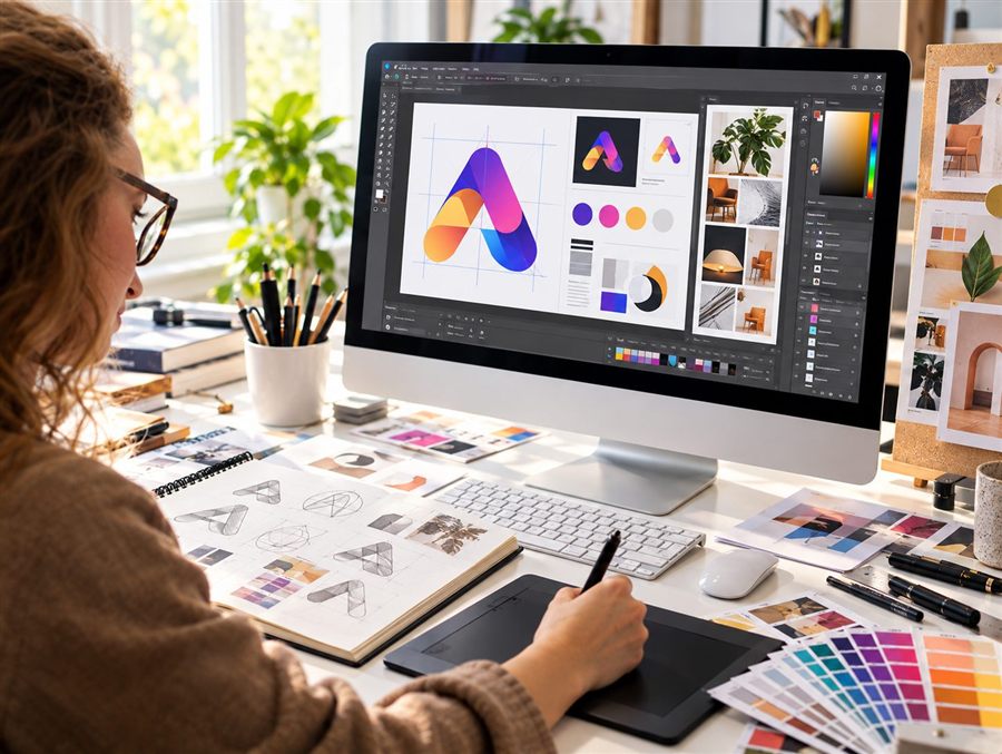 Designer building a brand identity in a creative studio