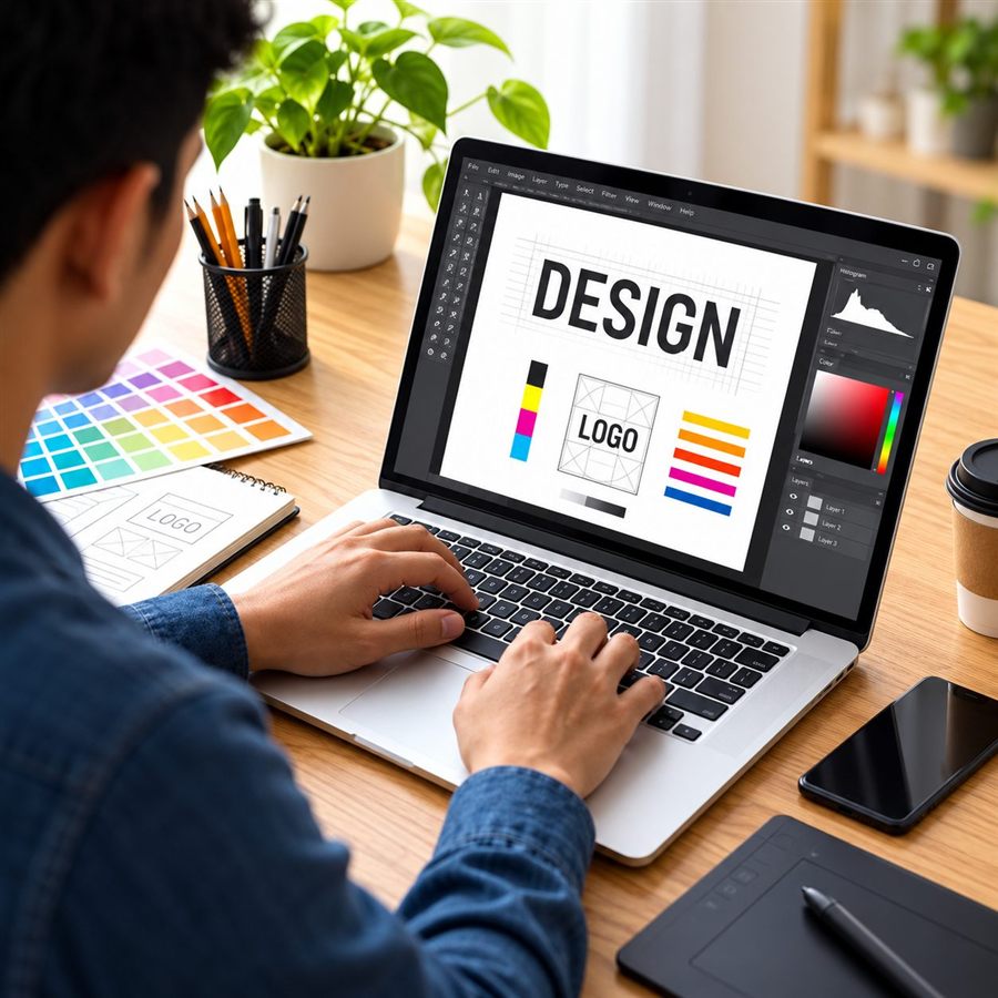 Graphic designer creating a logo in a creative workspace
