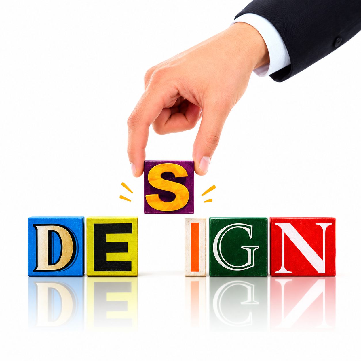 Hand arranging colorful design blocks