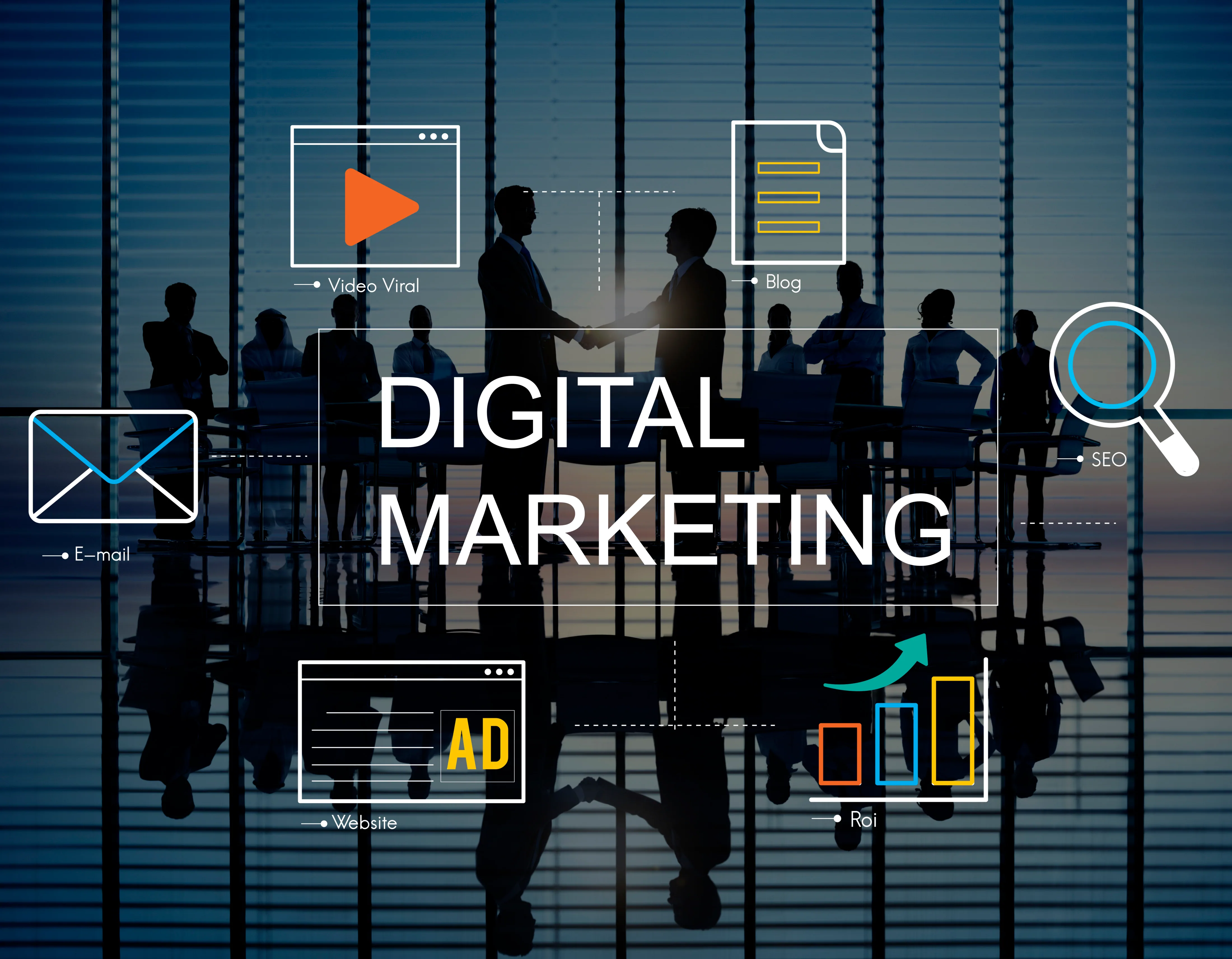 Business people and digital marketing icons