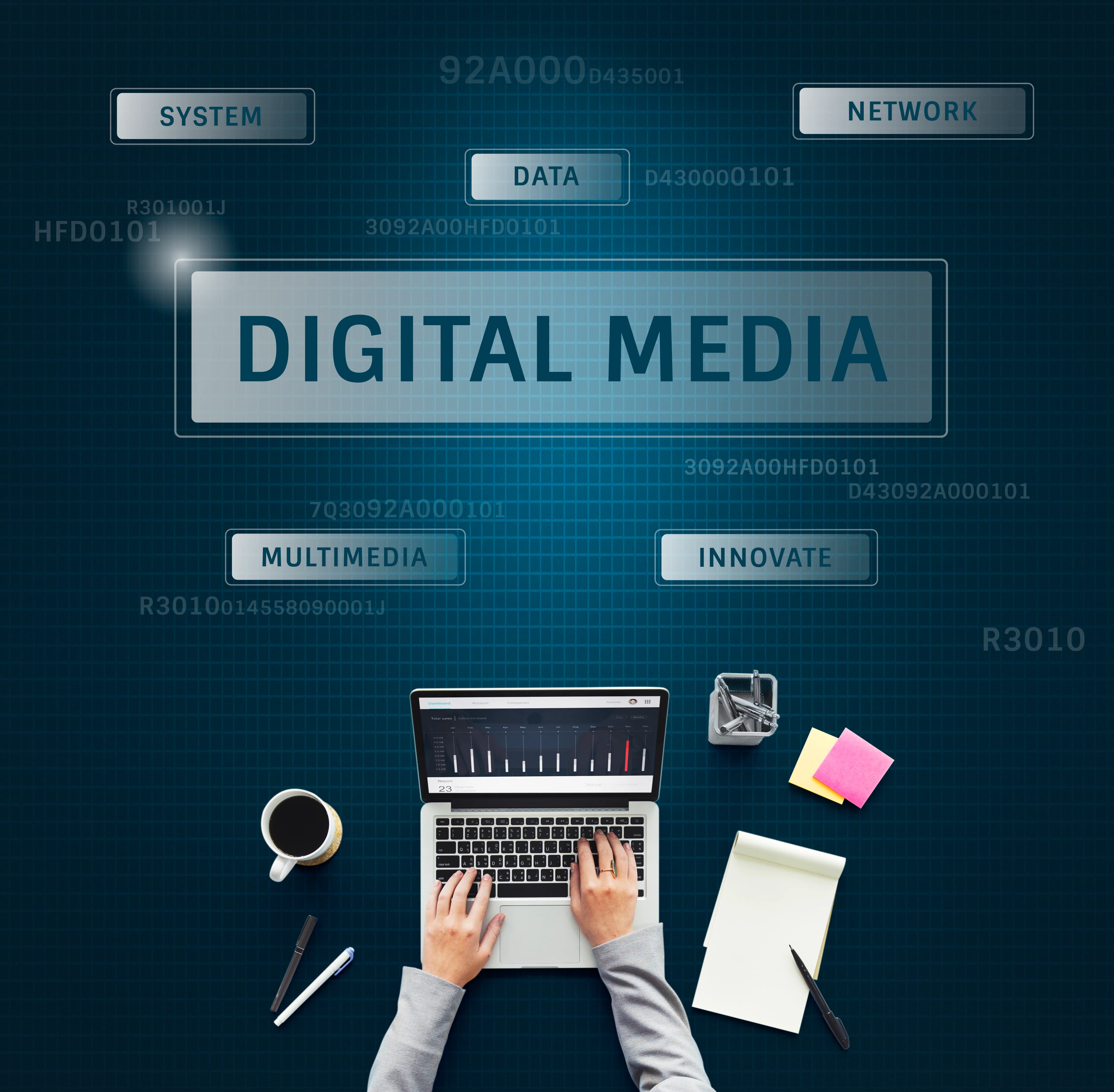 Hand using a laptop with global marketing connections