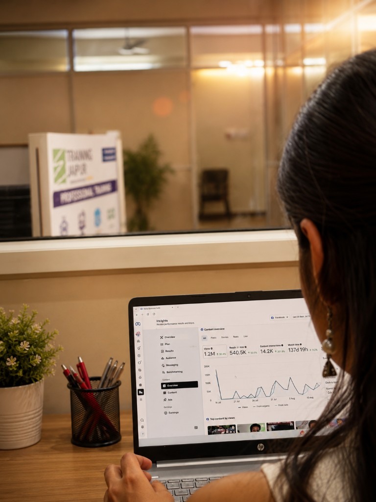 Student reviewing digital marketing analytics