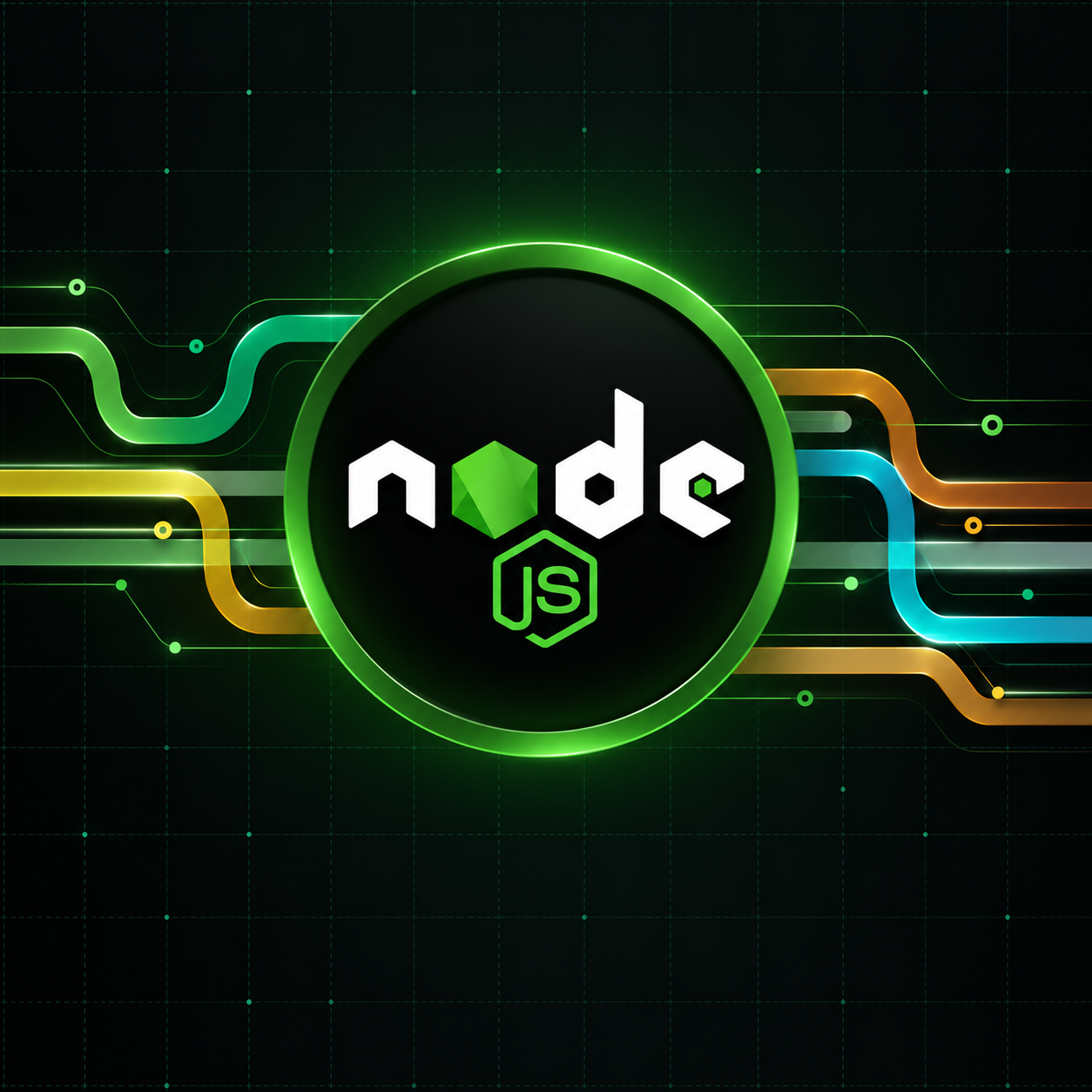 Node.js emblem on a neon circuit background