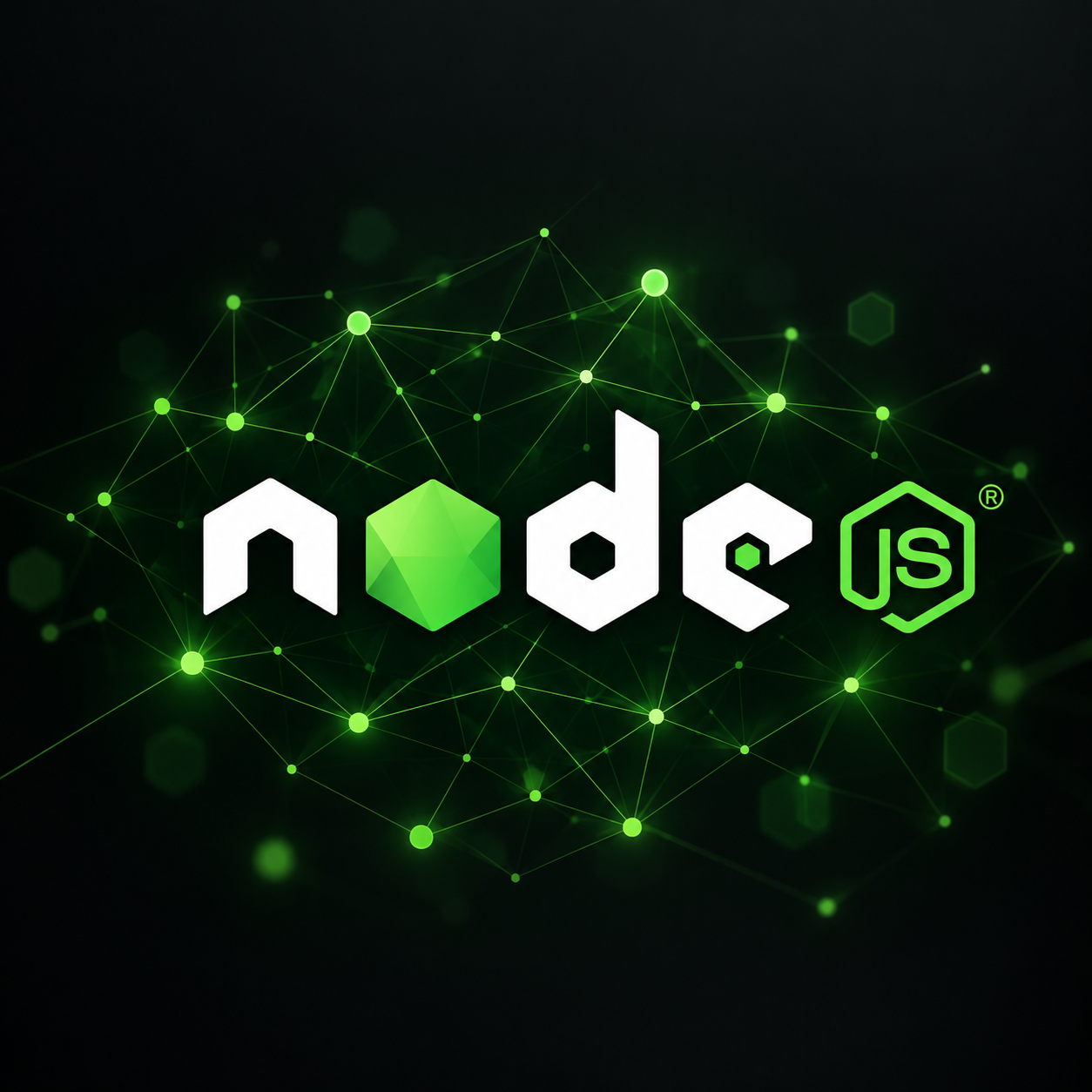 Node.js logo surrounded by a connected network graphic