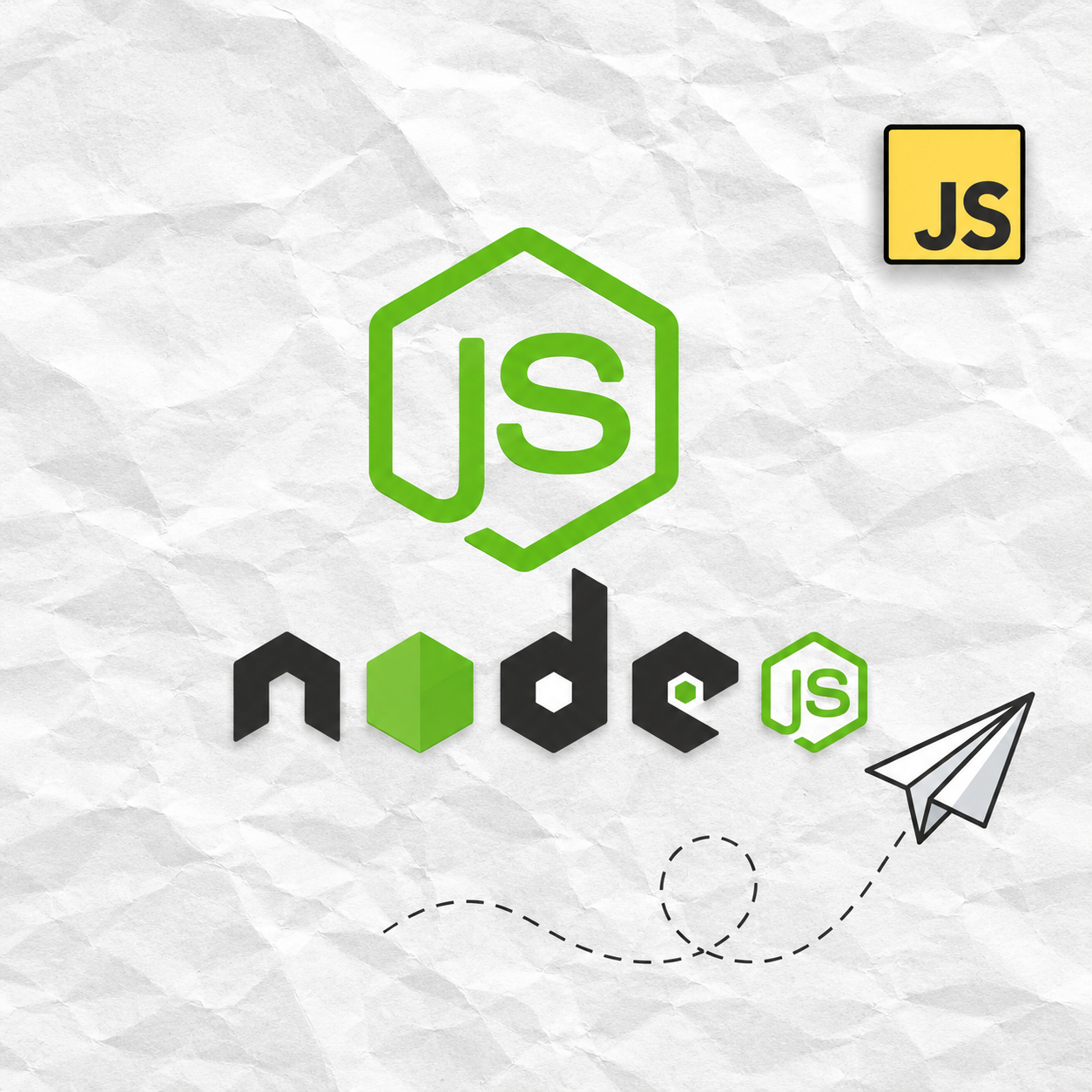 Node.js poster with a JavaScript logo and paper airplane graphic