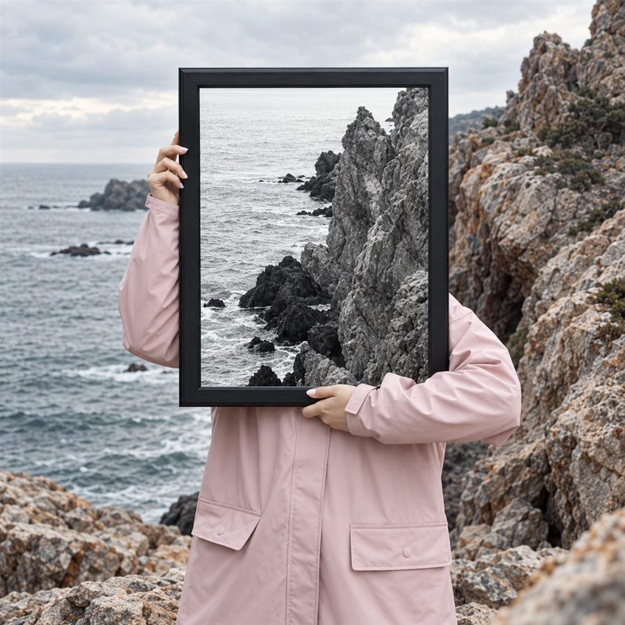 Framed coastal scene photo manipulation