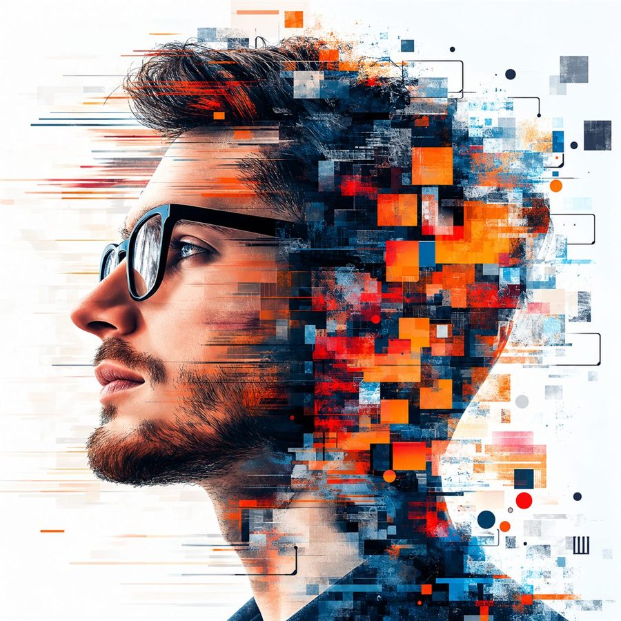 Digital disintegration portrait composite