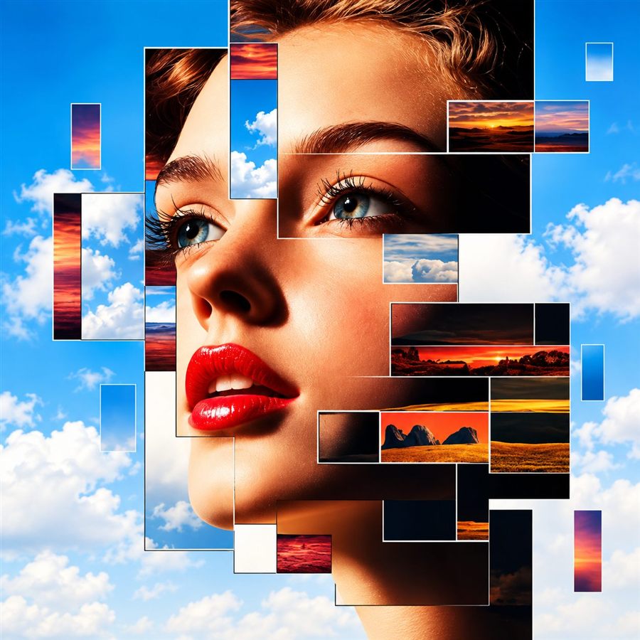 Surreal portrait made from sky mosaics