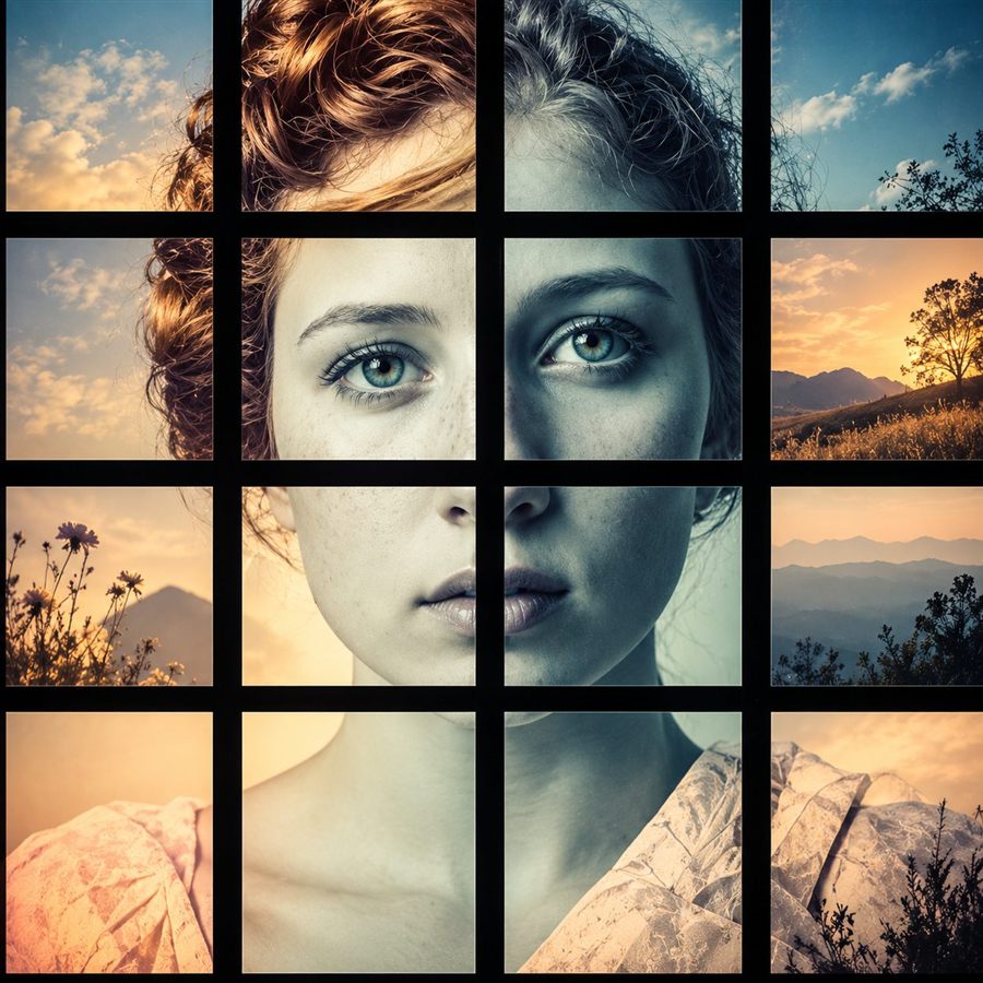 Windowpane portrait collage with surreal landscape panels