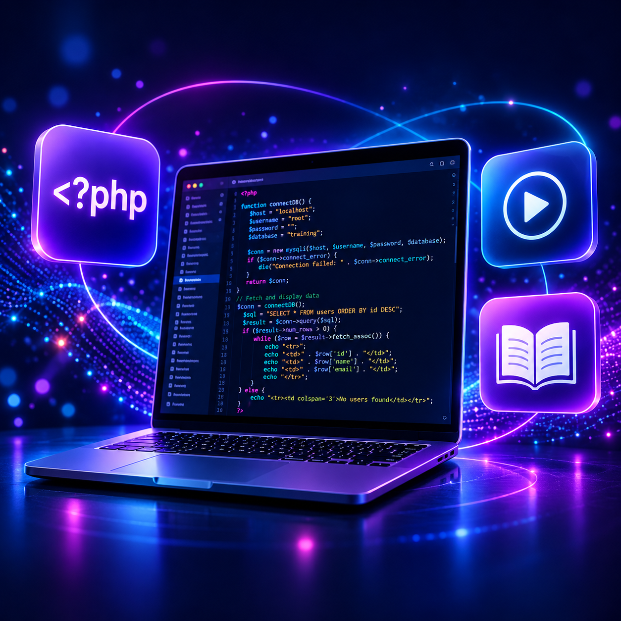 Laptop displaying PHP code in a neon-lit workspace