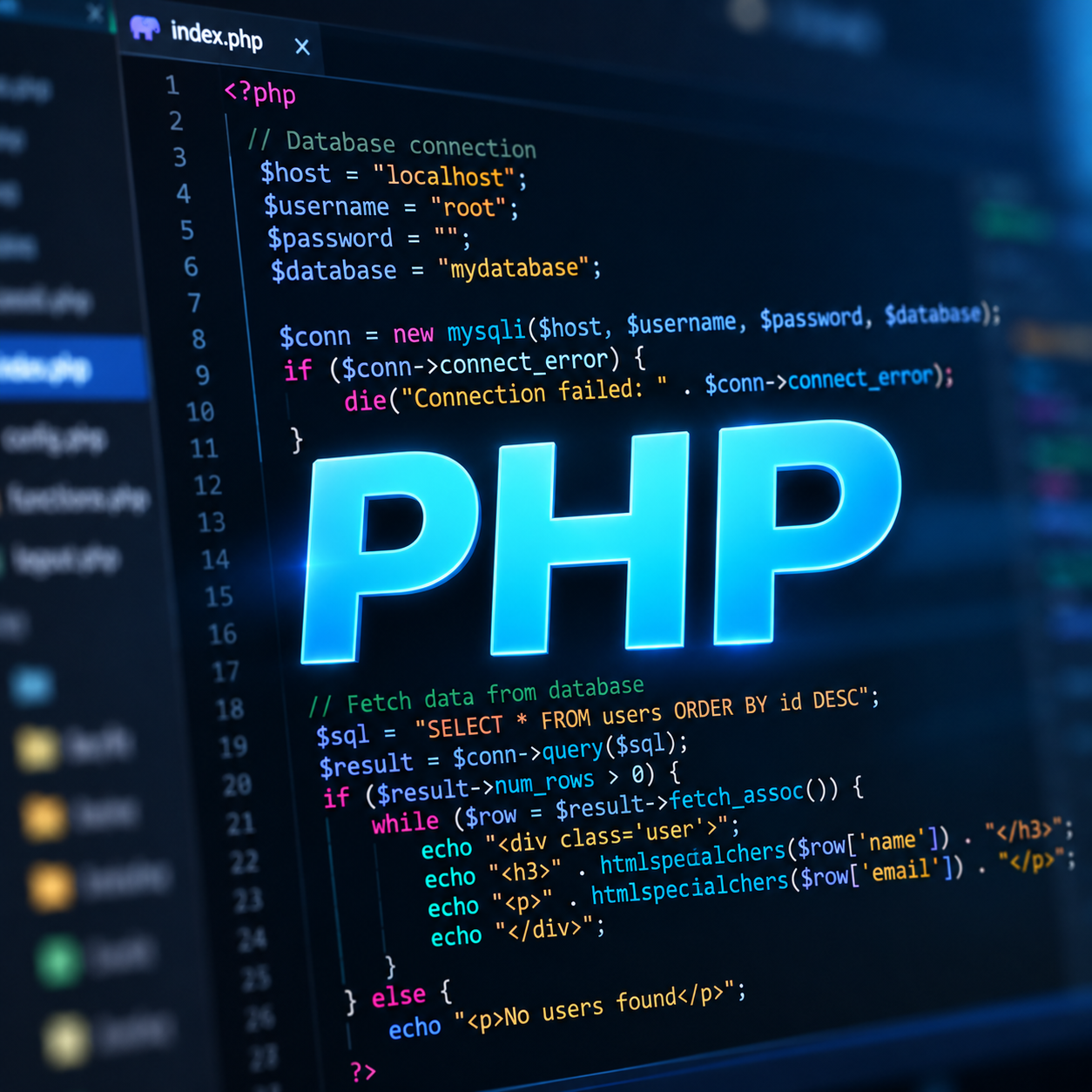 PHP code editor glowing on a development screen