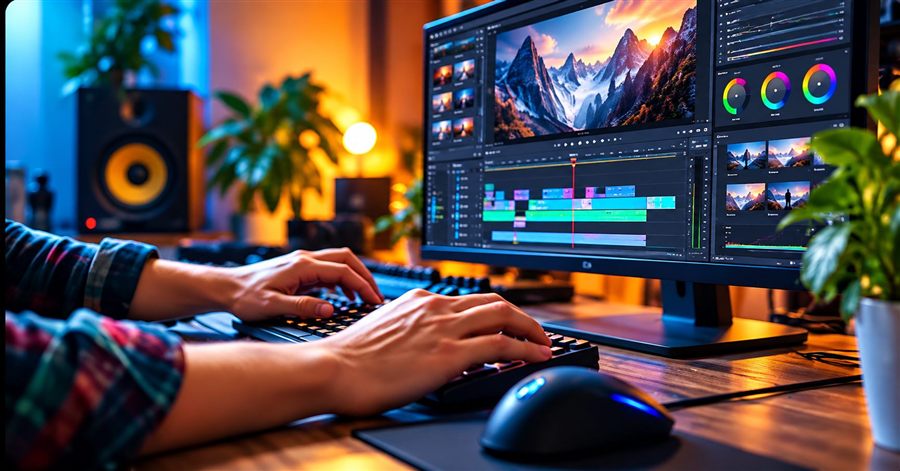 Video editor working in a cinematic editing studio