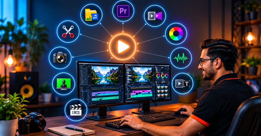 Video editing studio workspace
