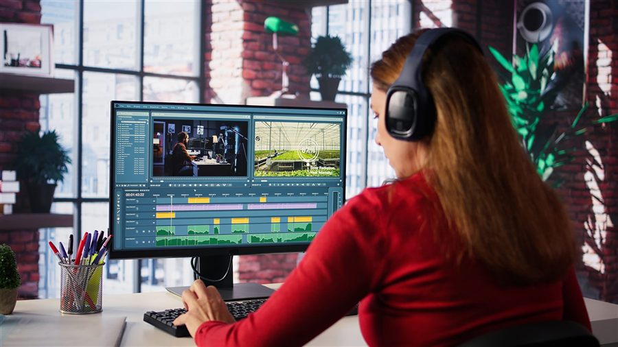 Filmmaker editing media in a post-production office